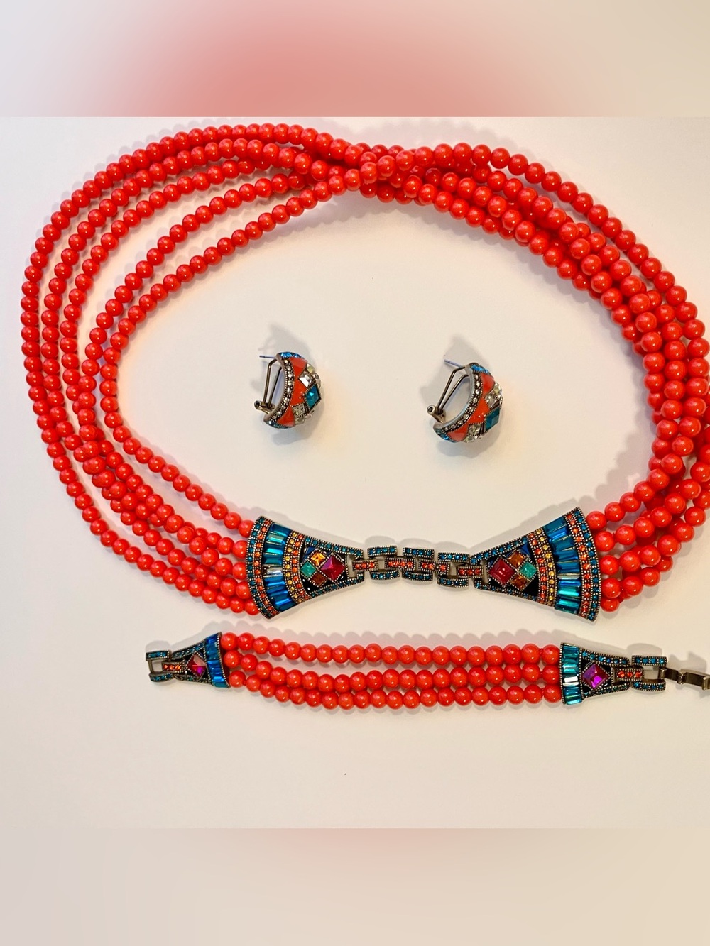 HEIDI DAUS Signed Coral Bead Egyptian Revival Deco Style 3 Pc Set Neck/ear/brace